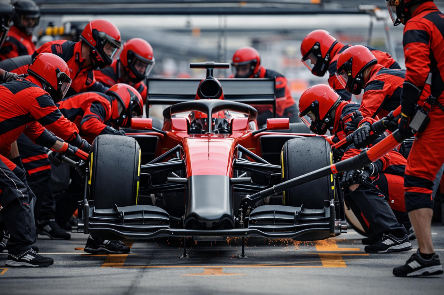 Keeping business momentum during leadership transitions Formula 1 pit crew servicing a race car symbolizing fast coordinated support during a leadership transition